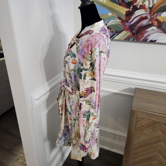 ZARA Floral Parrot Linen Mini Dress M Belted Long Sleeve Size M belt, NEW! - Picture 3 of 16